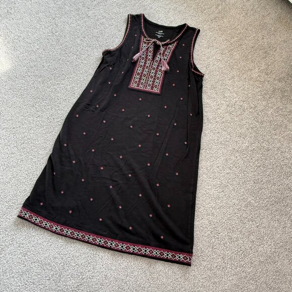J. Jill Black Embroidered Sleeveless Knit Shift Dress Tassel Tie Summer MEDIUM - Picture 1 of 5